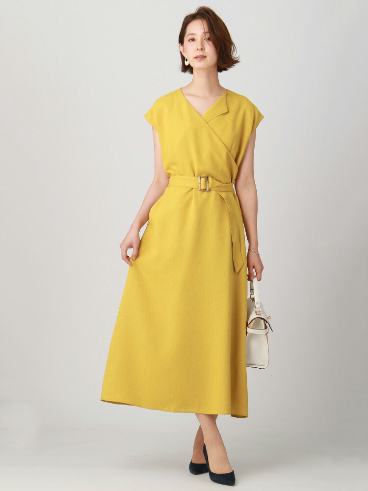 春夏 春夏用 マスタード 色柄コード Ha ホワイト ザ スーツカンパニー The スラブオックス ベルト付きフレンチスリーブワンピース ワンピーススーツ イージーケアが嬉しいリネン見え素材 Company Outlet 春夏用 ウォッシャブル Suit マスタード 色柄