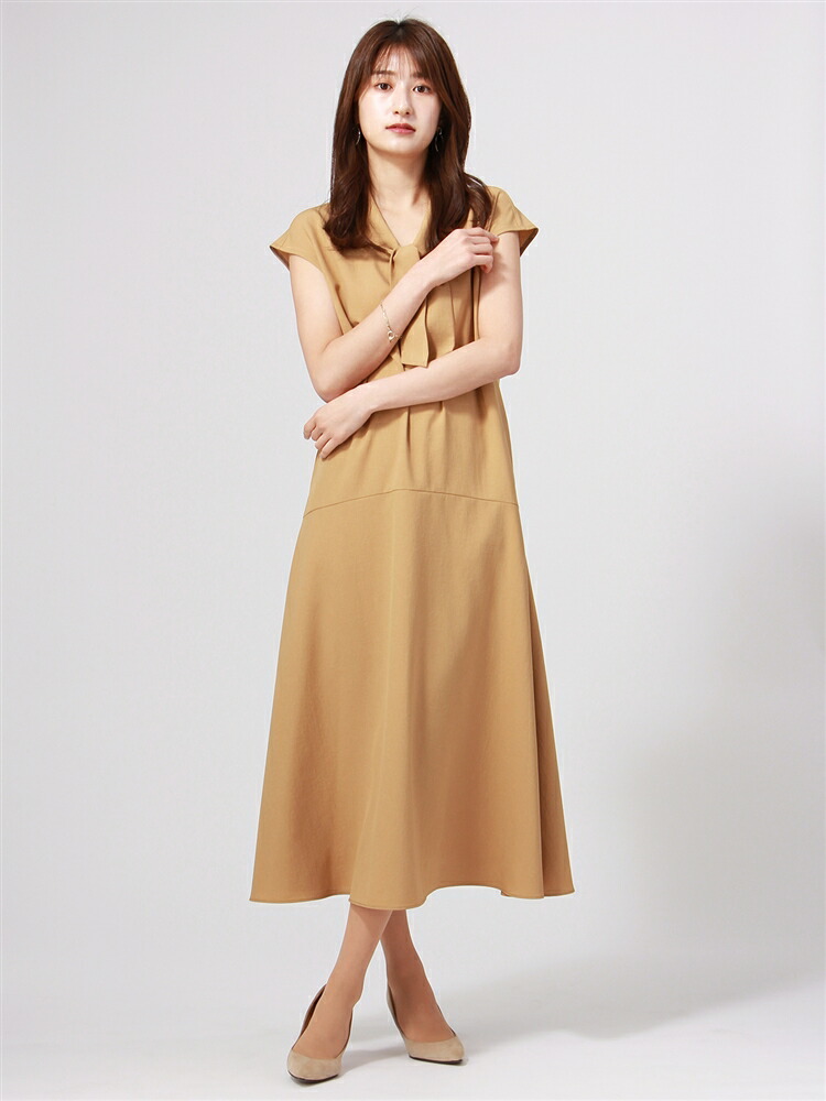 メランジツイルストレッチ ボウタイフレンチスリーブワンピース 春夏 セット着用可 自然な風合いが今っぽいメランジツイル ホワイト ザ スーツカンパニー The キャメル キャメル Company Suit ウォッシャブル ボウタイフレンチスリーブワンピース ワンピーススーツ Outlet