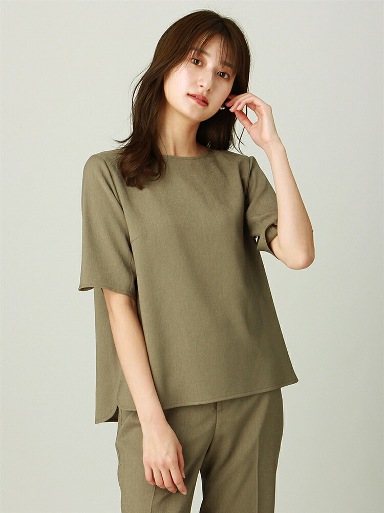 シャツ ブラウス 年末のプロモーション特価 ウォッシャブル 抗菌 カーキ 春夏用 ラウンドネック5分袖ブラウス スラブオックス 防臭 Zivejgovivax Mk