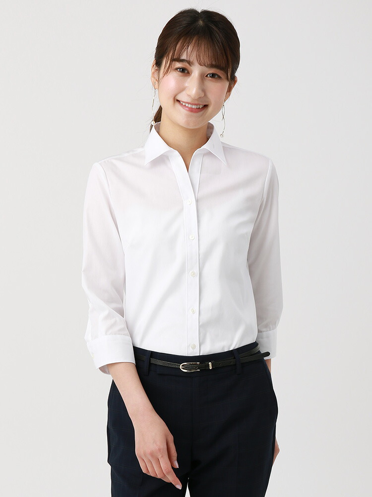 7分袖 Cool Max Easy Care Blouse スキッパーカラー シャドーストライプ ホワイト ホワイト ザ スーツカンパニー Crunchusers Com