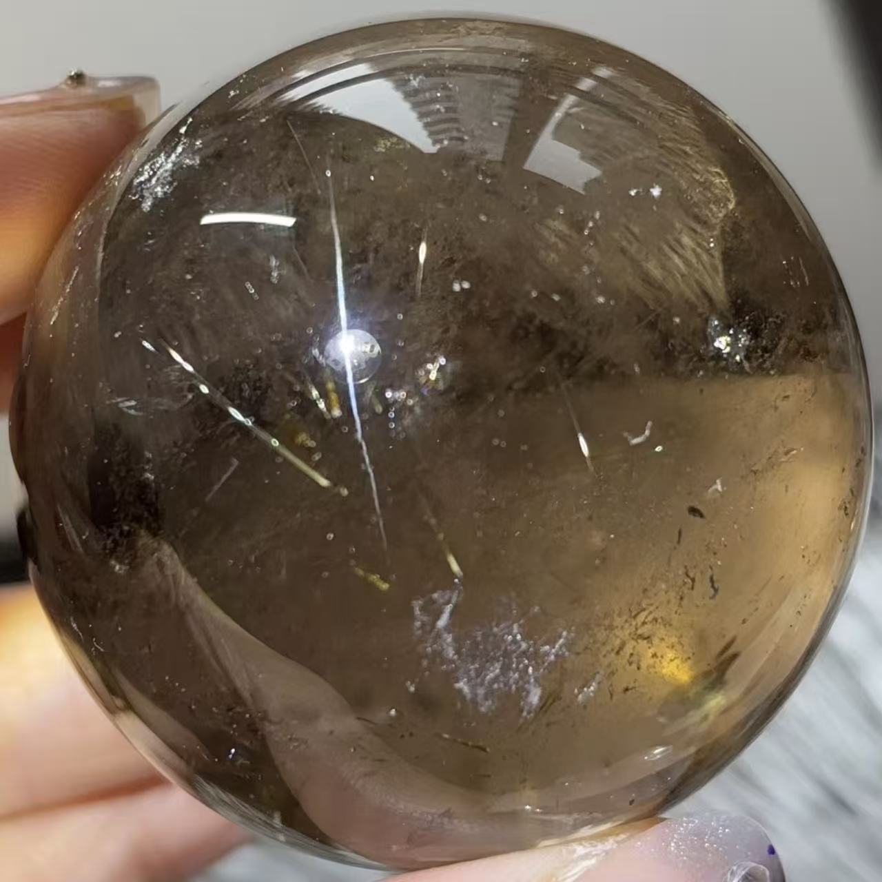 天然石 ゴールドルチル イン スモーキークォーツ スフィア 本水晶 No.522