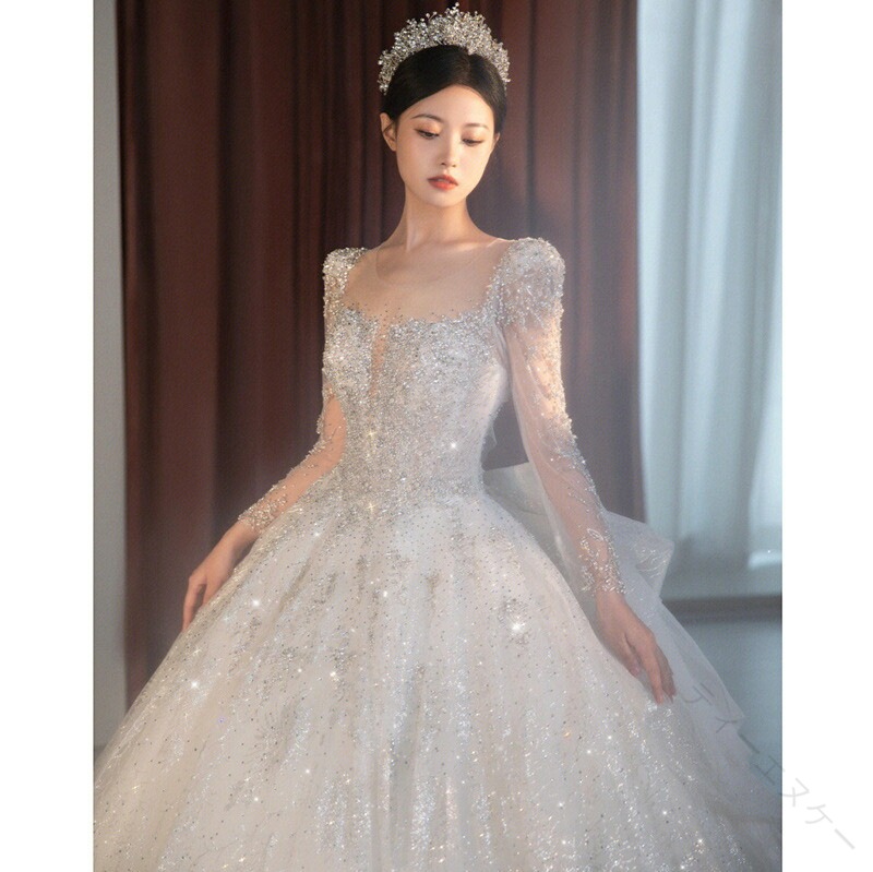 ウェディングドレス 白 長袖 スパンコール キラキラドレス 素敵 キレイめ 結婚式ドレス 二次会ドレス 袖あり 花嫁ドレス ロングドレス Aライン バックリボン プリンセスドレス ブライダルドレス トレーンドレス S M L XL XXL