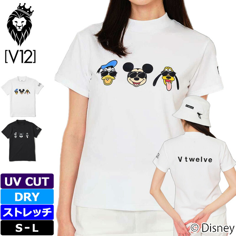 V12 ゴルフ × ディズニーコラボ レディース モックネック半袖プルオーバー 伸ばすこと 吸汗速乾 FACE MOCK V122515-MK02 ヴィ・トゥエルヴ 春夏秋【新品】UAAR LEON共同研究 レオンコラボ パディ MICKEY MOUSE トップス ゴルフお召しもの V12 GOLF