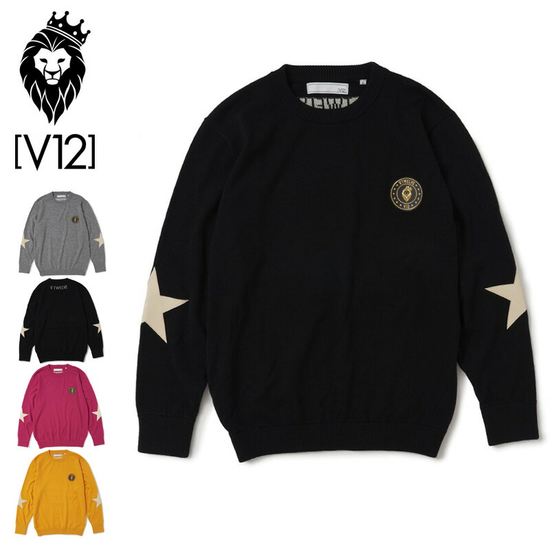 V12 ゴルフ メンズ クルーネック セーター V122120-KN02 STAR ELBOW KNIT ヴィ・トゥエルヴ 【新品】QCBR ゴルフウェア アウター トップス 星柄 Star V12 GOLF SEP3|サードウェイブ ゴルスポスタイル