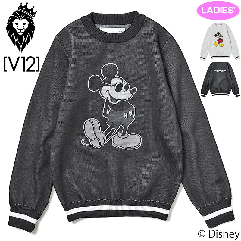 V12 ゴルフ × ディズニーコラボ レディース クルーネックニット MICKEY KNIT V122221-KN07 ヴィ・トゥエルヴ 【新品】RCBR ミッキーマウス MICKEY MOUSE 長袖 スウェーター アウター トップス ゴルフお召しもの V12 GOLF