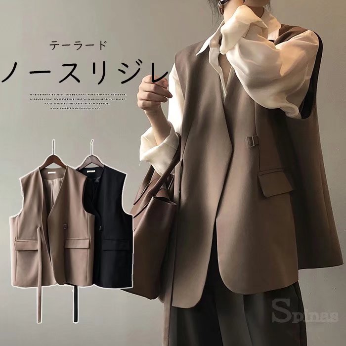 極美品　タエアシダ　リネンブレンド　おしゃれ　ベスト　ジレ　ジャケット リネンライクノーカラージレ ジレ ベスト レディース 春夏