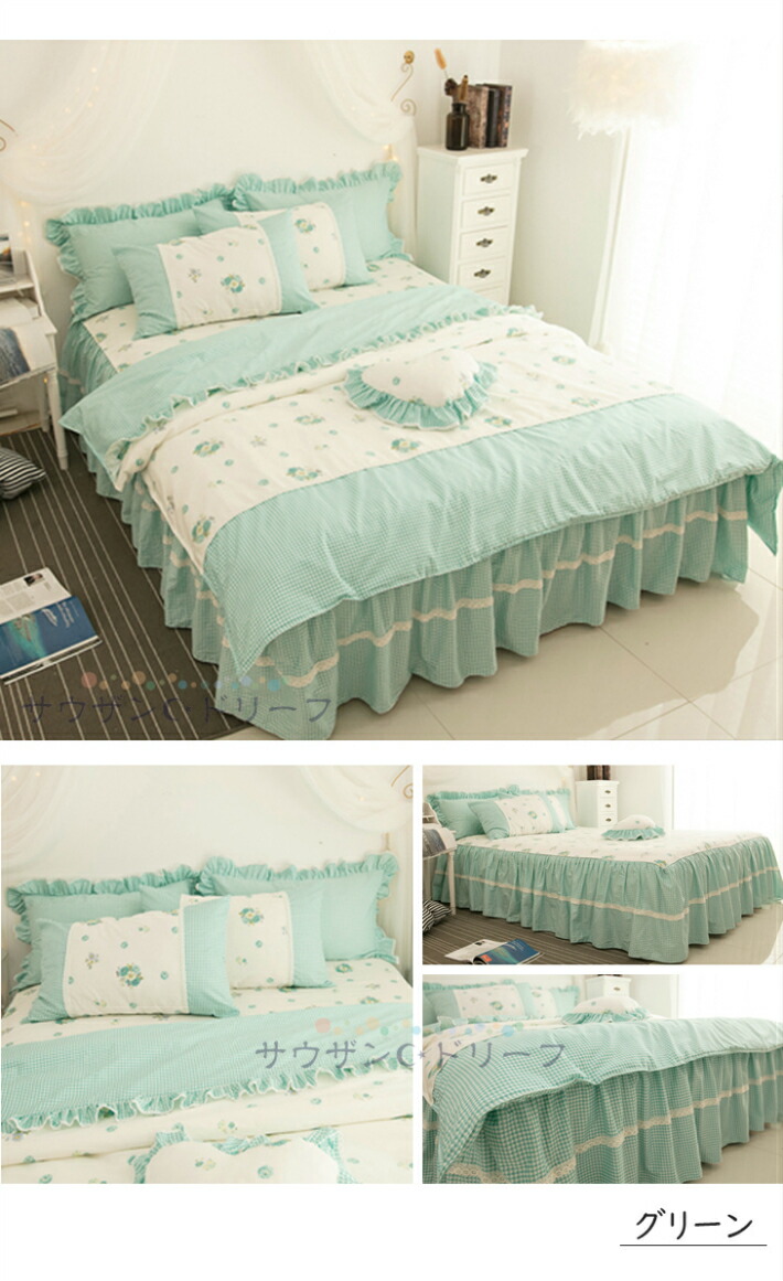 布団カバー シングル かわいい 綿100 掛布団カバー 掛け布団カバー おしゃれ 送料無料 シングル 花柄 姫系 ベッドスカート 格子柄 綿100 ベッドシーツ 枕カバー 3点セット 姫系 田園風 ピンク グリーン 2色選択 サウザンドリーフ掛けカバー セット Sサイズ ずれ