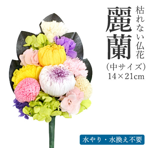 期間限定 枯れない仏花 麗蘭 れいらん 中サイズ 花器付 仏花 プリザーブドフラワー 枯れない お手入れ不要 お供え お彼岸 彼岸 初彼岸 花 プリザーブドフラワー 喪中 法事 仏壇 仏壇用 命日 一周忌 三回忌 お供え花 華やか cm 花器付き 一部予約販売