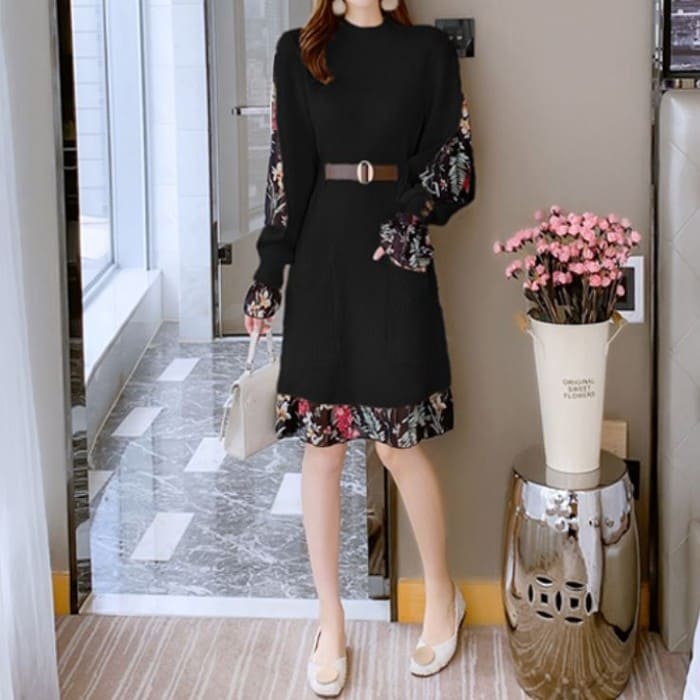 ニット ワンピース チュニック レディース 30代 40代 50代 秋 冬 きれいめ フラワープリント ハイウエスト ワンピース 長袖 結婚式ドレス 通勤 着痩せ オシャレ 上品 127 Salon Raquet De