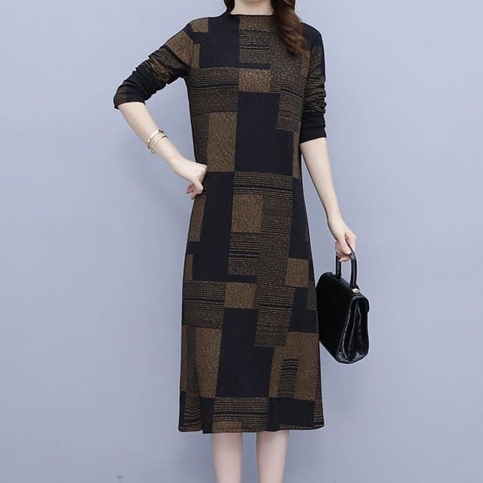 ワンピース レディース ブロック柄 秋冬 ワンピース 長袖 膝下 スカート 大きいサイズ 体型カバー 痩せ見え シックスタイル 40代 50代 60代 オシャレ Emescla Com Br