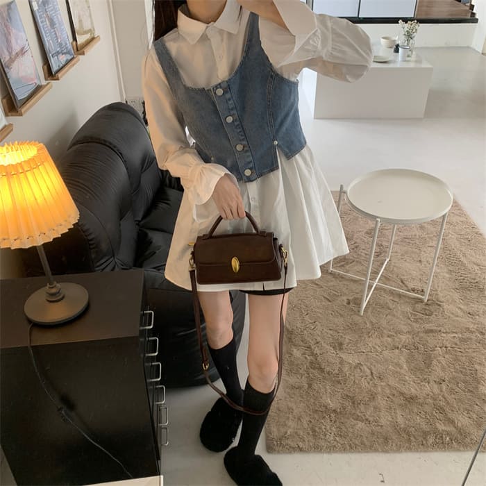 一部予約 中学生 高校生 ファッション デニム ベスト付き ロングシャツ オーバーサイズ 10代 韓国 おしゃれ レディース 春 秋 長袖 トップス Test Horsesstable Com