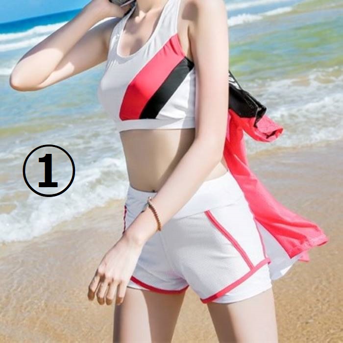 送料込 水着 レディース タンキニ 新デザイン 高校生 中学生 10代 代 ビキニ スポーティー ラッシュガード 3点セット 体型カバー Cmdb Md