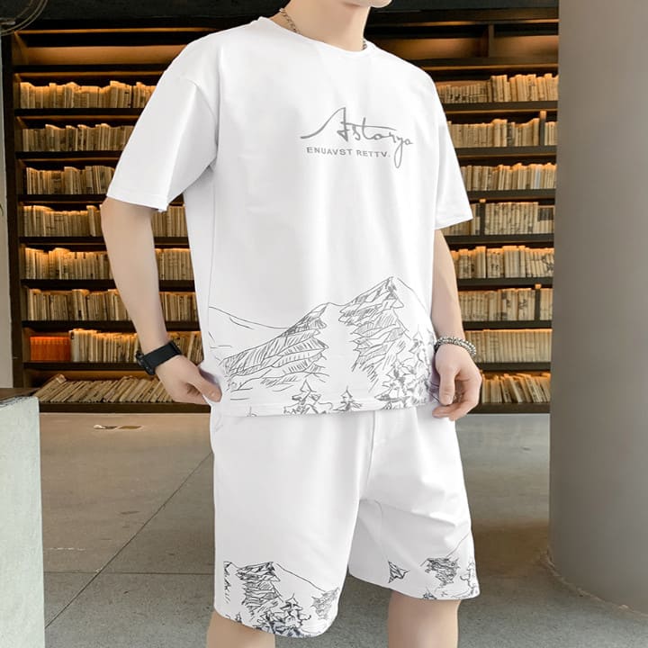 新発売 セットアップ メンズ 半袖 プリント Tシャツ ハーフパンツ 2点セット 夏 パンツスーツ 韓国 原宿 ストリート 高校生 中学生 通学 10代 代 ファッション オシャレ Zams Ma