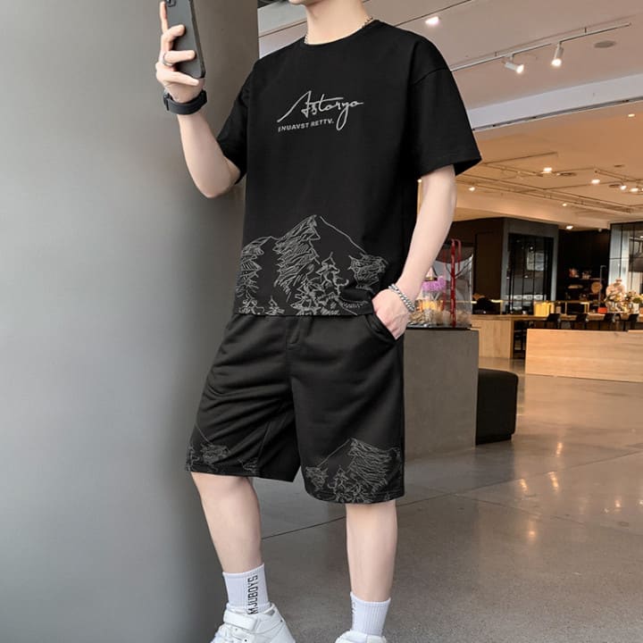 新発売 セットアップ メンズ 半袖 プリント Tシャツ ハーフパンツ 2点セット 夏 パンツスーツ 韓国 原宿 ストリート 高校生 中学生 通学 10代 代 ファッション オシャレ Zams Ma