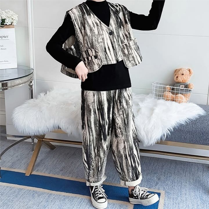 韓国子供服 セットアップ 新作 モード系 3点セット 女の子 長袖トップス ベスト ロングパンツ ボトムス グラデーション カラー キッズ カジュアル ズボン オシャレ コーデ 通学 普段着 出産祝い