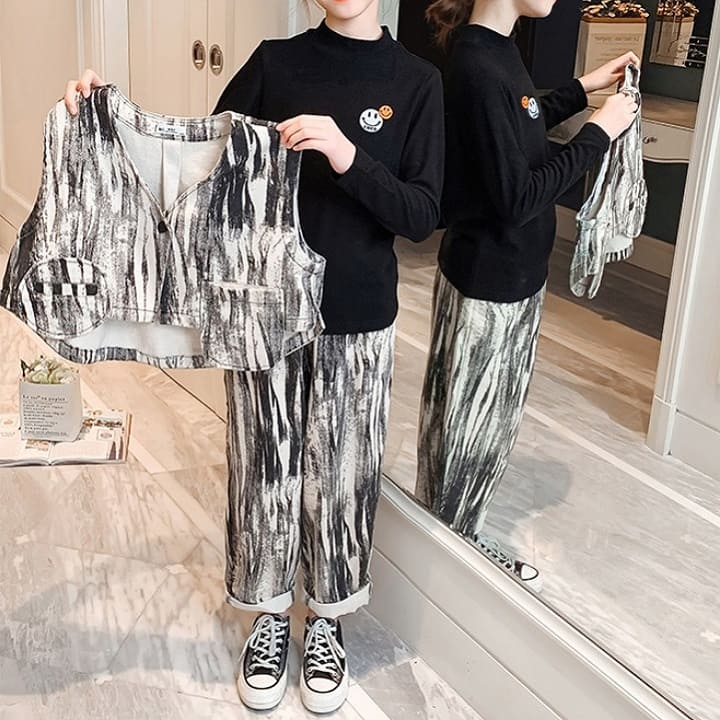 韓国子供服 セットアップ 新作 モード系 3点セット 女の子 長袖トップス ベスト ロングパンツ ボトムス グラデーション カラー キッズ カジュアル ズボン オシャレ コーデ 通学 普段着 出産祝い