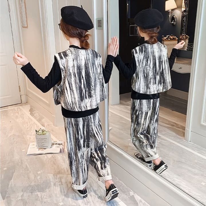 韓国子供服 セットアップ 新作 モード系 3点セット 女の子 長袖トップス ベスト ロングパンツ ボトムス グラデーション カラー キッズ カジュアル ズボン オシャレ コーデ 通学 普段着 出産祝い