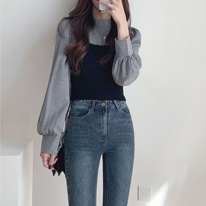 ブラウス 重ね着風 トップス レディース チェックシャツ ブラック チュニック 長袖 独特な店