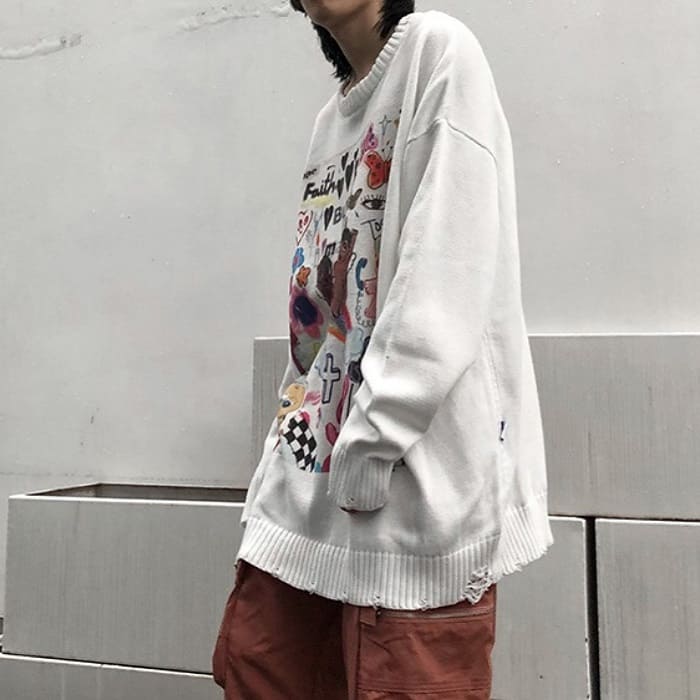 韓国 ファッション メンズ セーター ラウンドネック ストリート プリント ニット Laoazim Com