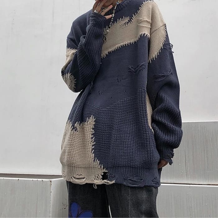 韓国 ファッション メンズ セーター ラウンドネック リブ ダメージ ルーズ モード系 ニット Littlethaicafe Com