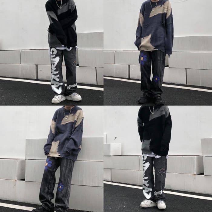 韓国 ファッション メンズ セーター ラウンドネック リブ ダメージ ルーズ モード系 ニット Littlethaicafe Com