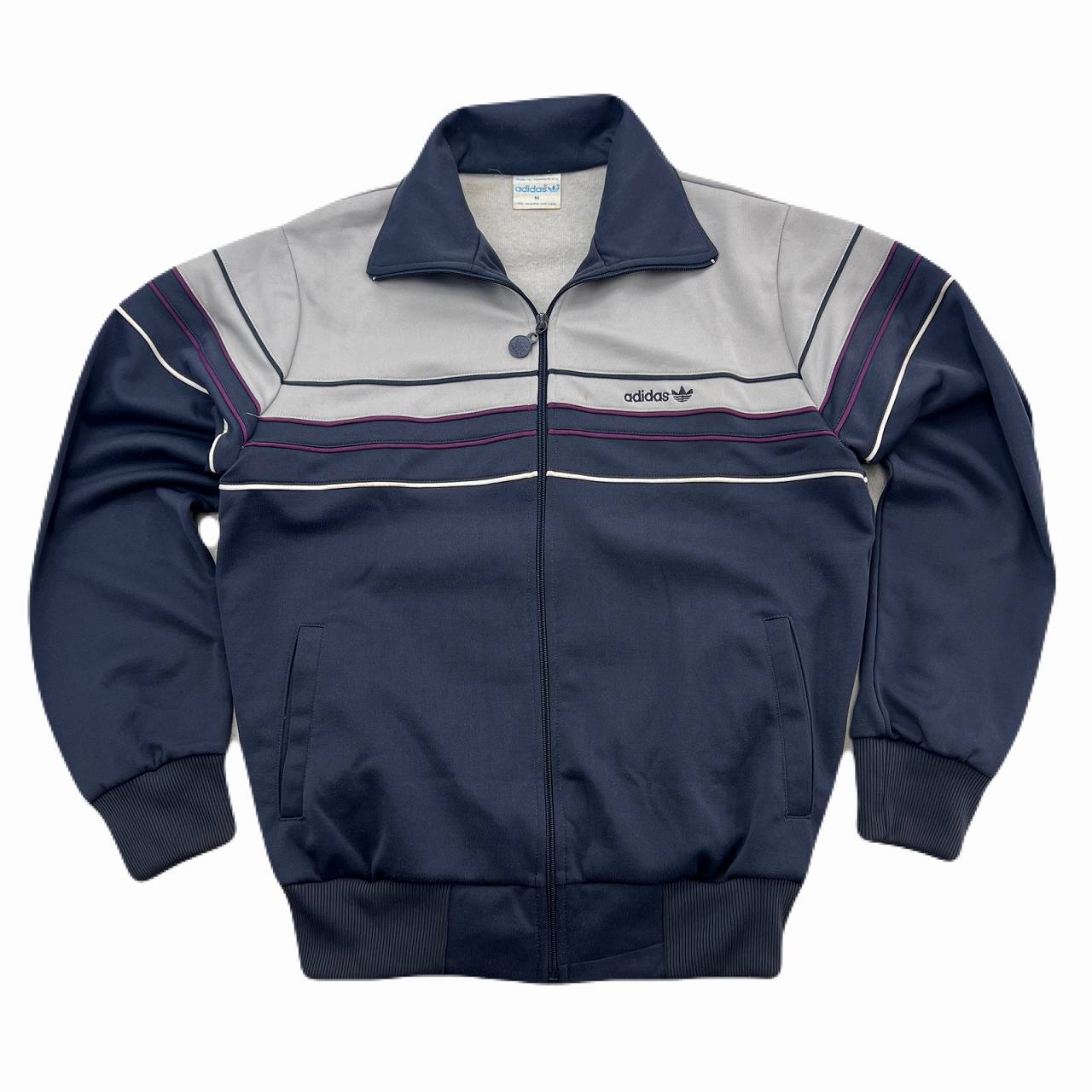 【中古】 アディダス トラックジャケット メンズ Mサイズ ネイビー グレー 台湾製 80s 希少 ビンテージ ジャージ 好配色