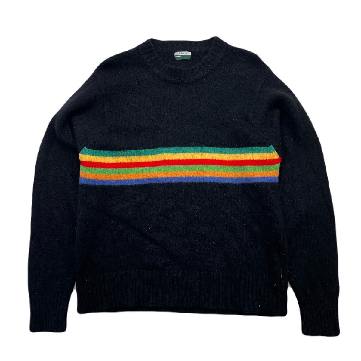 【中古】Paul Smith JEANS ☆ ポールスミス レインボーライン◎ ウール ニット セーター シャツ ブラック M 秋冬 アメカジ 大人カジュアル■BH160