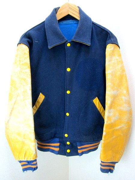 【中古】60s ビンテージ SPORTING GOODS ネイビー × イエローベージュ 袖革 スタジャン スタジアムジャンパー ブルゾン M 無骨 アメカジ●H82