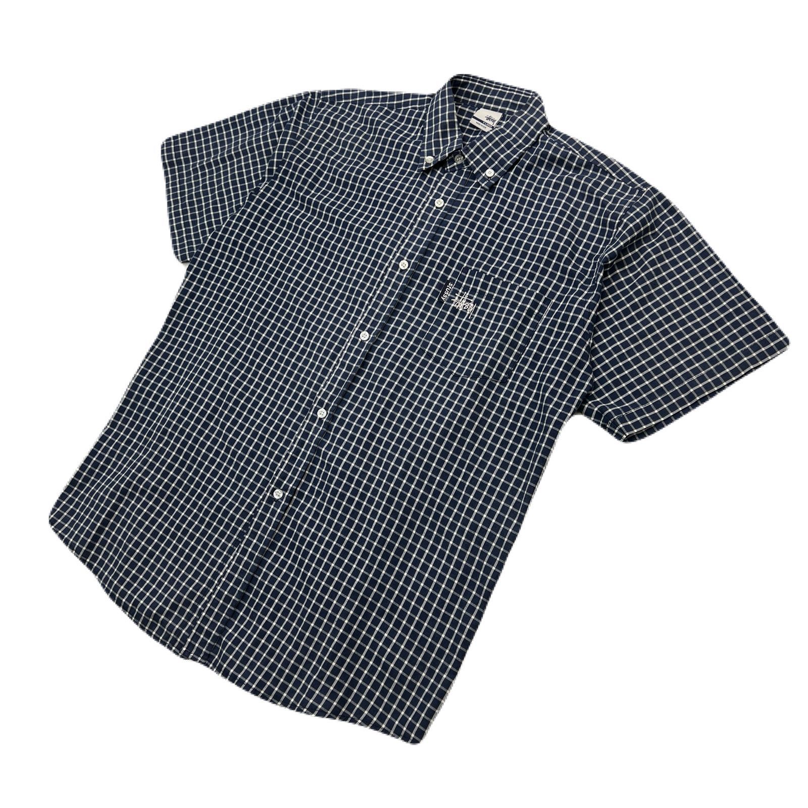 【中古】STUSSY 半袖シャツ メンズ XL ギンガムチェック ネイビー × ホワイト 【 ビッグシルエット アメリカ製 】 00s 銀タグ ボタンダウン ステューシー ●BC344