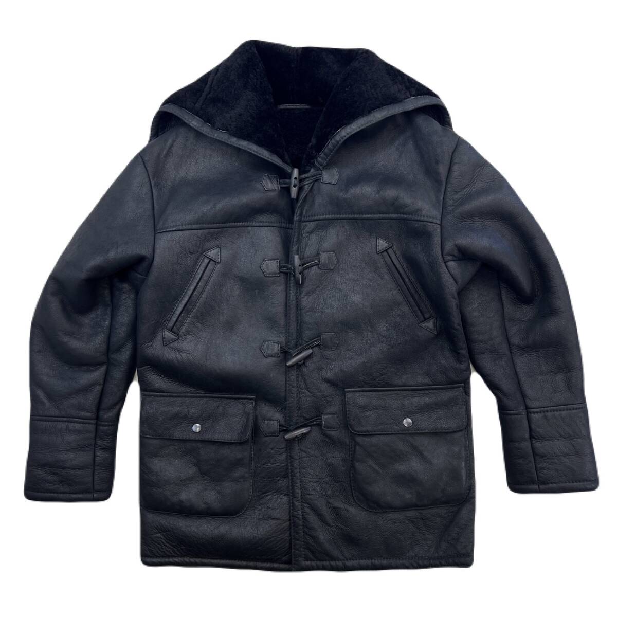 【中古】 SUPRODAN SA ムートンコート パーカー フードジッパー メンズ Mサイズ 厚手 羊革 ブラック 黒 漆黒 ●BA317｜MYSTERIES店