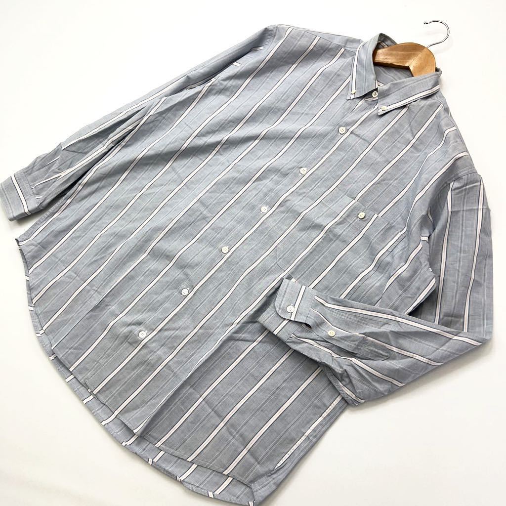 【中古】 美品 ☆ パパス ☆ PAPAS 日本製 長袖 ボタンダウン シャツ ストライプ ライトグレー M 大定番 ゆったりシャツ♪ 大人カジュアル■CC197｜MYSTERIES店