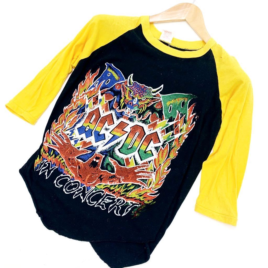 【中古】 AC/DC ☆ 希少 ヴィンテージ パキ綿 両面プリント 七分丈 Tシャツ ラグランTシャツ ブラック × イエロー M 伝説のロックバンド■D99|MYSTERIES店