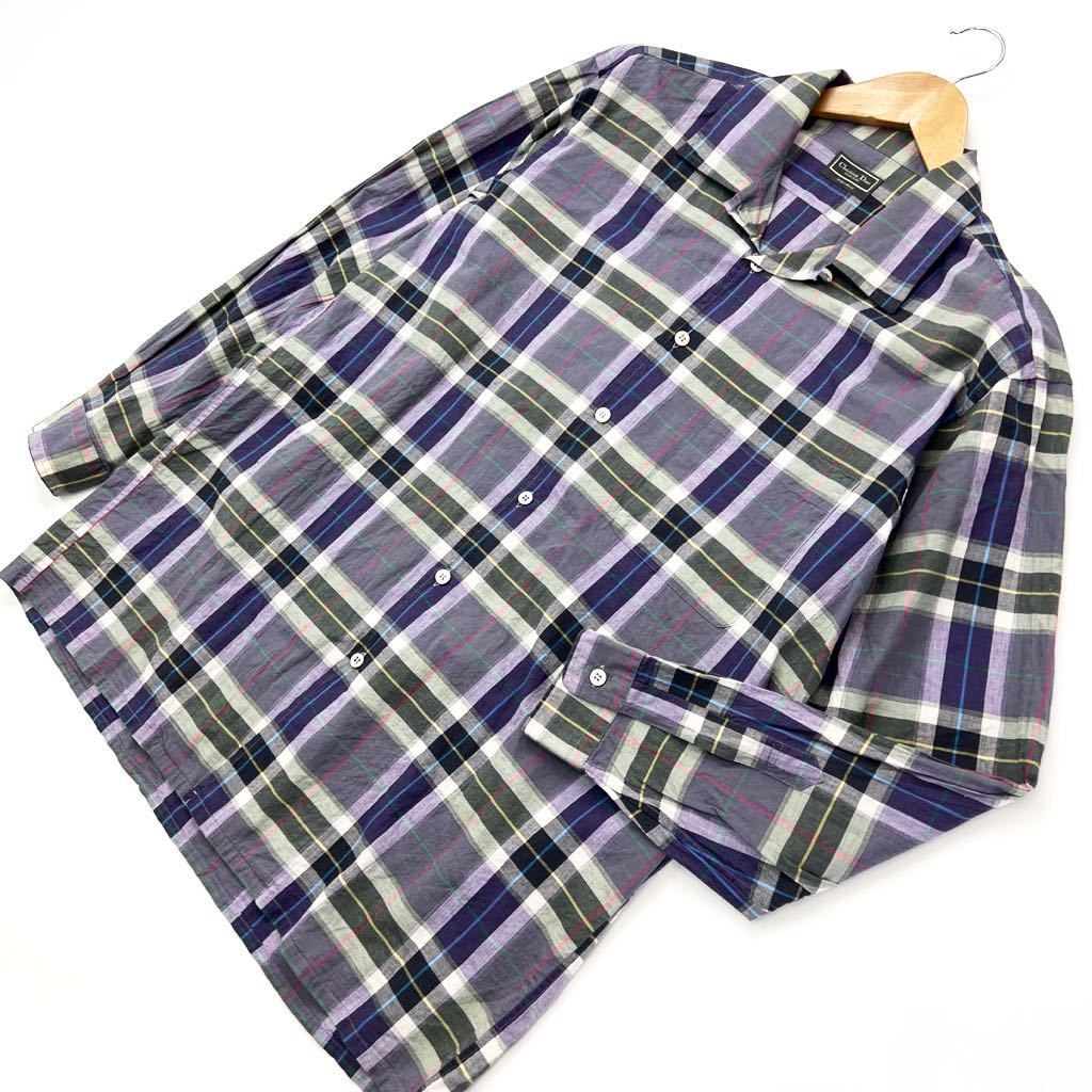 【中古】 クリスチャンディオール ムッシュ ☆ Christian Dior 長袖 チェック シャツ パープル ネイビー L オリジナルデザイン♪ モード■ED171｜MYSTERIES店 7,860円