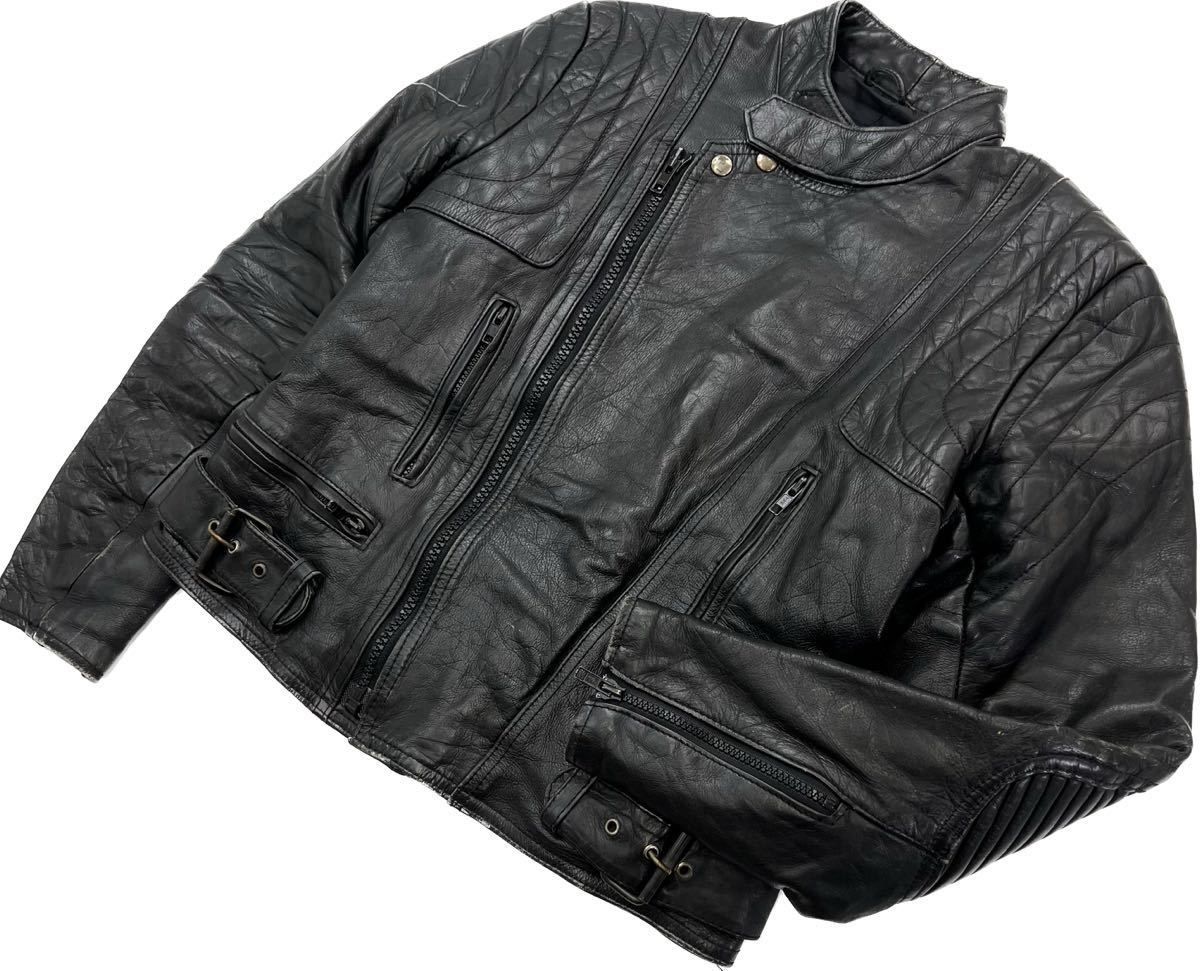 【中古】 パキスタン製 ☆ ビンテージ レザージャケット ライダースジャケット ライディングジャケット ブラック 黒 40 無骨 バイカー 古着■S2420｜MYSTERIES店
