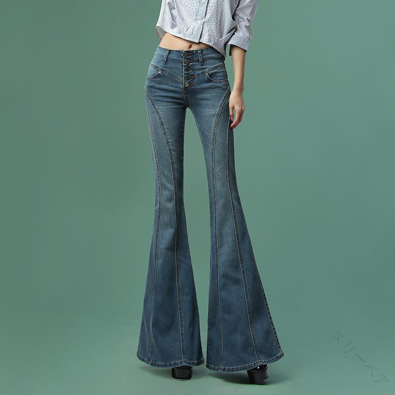 デニム フレアパンツ レディース ロングパンツ 大きいサイズ ブルー 体型カバー フィッシュテール ラッパ ワイドレッグ ジーンズ 春 ズボン