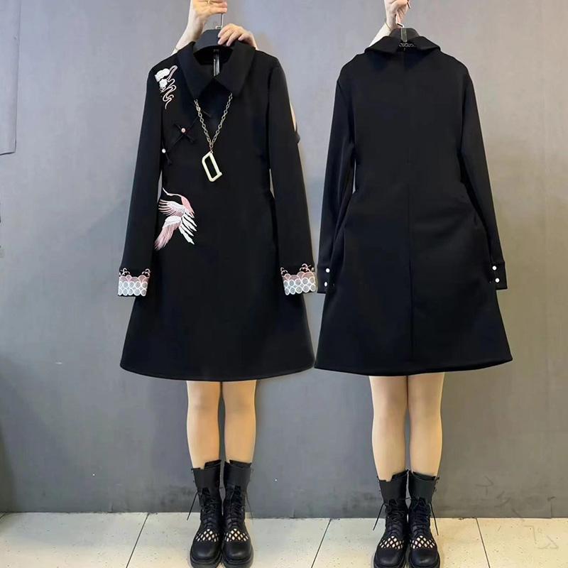 大きめ サイズ レディース ブラック リトル ドレス 春 スリム 刺繍 チャイナ風 おしゃれ ファッション カジュアル フェミニン 上品 デート 女子会 ドレス