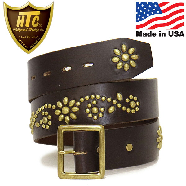 正規取扱店 HTC(Hollywood Trading Company) Belt #26 Studs 1.75インチ レザーベルト ダークブラウンレザーxブラススタッズ｜THREE WOOD 店