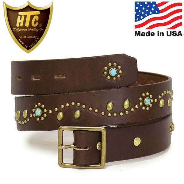 正規取扱店 HTC(Hollywood Trading Company) Belt #SN-32 Turquoise 1.25 W/End 1.25インチ ベルト ダークブラウンレザーxブラススタッズxターコイズ