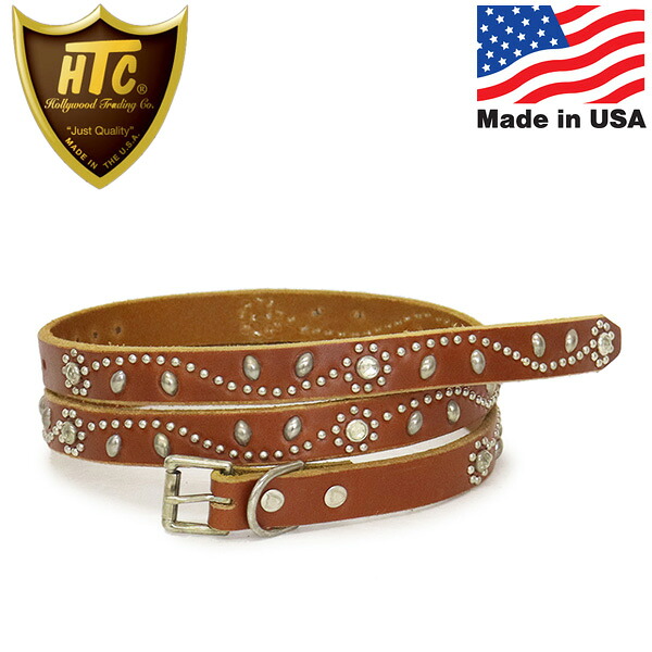正規取扱店 HTC(Hollywood Trading Company) Belt #SN-32 0.75インチ ベルト ライトブラウンレザーxシルバースタッズxクリアストーン