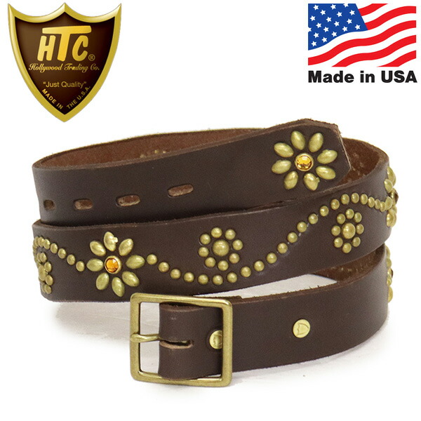 正規取扱店 HTC(Hollywood Trading Company) Belt #24S 1.25 with End 1.25インチ ベルト ダークブラウンレザーxブラススタッズxイエローストーン