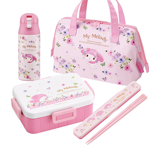 マイメロディ パステル花柄 お買得４点セット ４点ロックお弁当箱 650ml 箸＆箸箱 水筒 ランチバッグ セット YZFL7