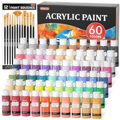 Shuttle Art アクリル絵の具 60本セット 58色(白2本と黒2本入り) 筆12本付き 絵の具セット 大容量 60ml 速乾 耐水 耐久 伸びがいい 鮮やか メタリック 蛍光色 ボトル イラスト 塗り絵 クラフト DIY手作り トールペイント キャンバス/ガラス/セラミック/石/壁/木材に適用