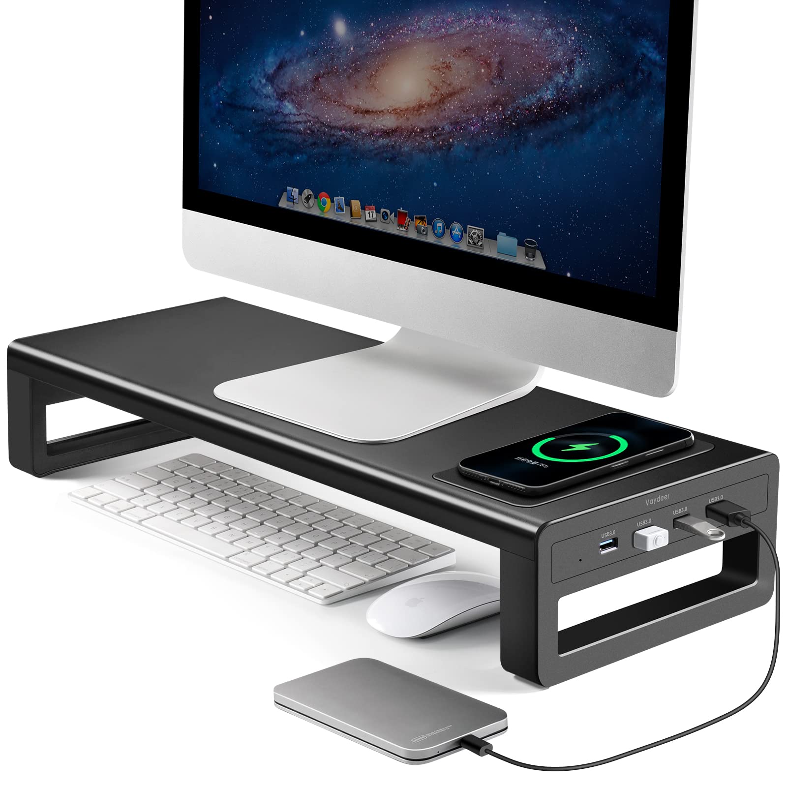 RA:VAYDEER モニター台 USB 3.0 ディスプレイ スタンド ワイヤレス充電機能 パソコン 机上台 卓上 高速データ転送 キーボード収納 プリンタ 金属製 ブラック 幅54cm|THRSparkle