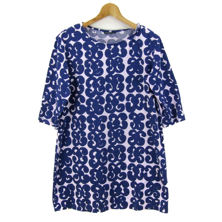 マリメッコ ワンピース ７分袖 コットン 総柄 北欧 ブランド トップス レディース Mサイズ ネイビー×パープル marimekko 【中古】