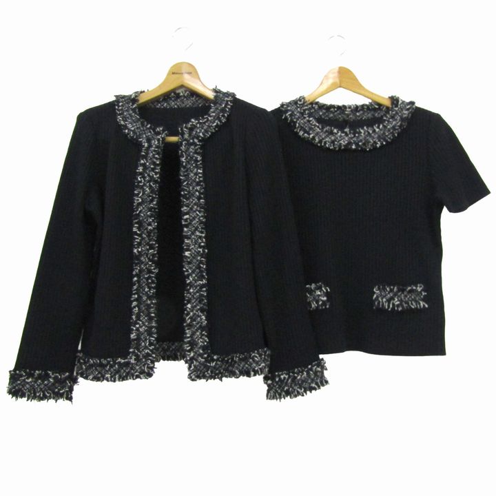 【39％OFFクーポン配布中 7/19 20:00～7/26 01:59】クレージュ アンサンブル トップス ニットジャケット 半袖セーター 日本製 レディース 11ARサイズ ブラック courreges 【中古】｜Thumbs-up