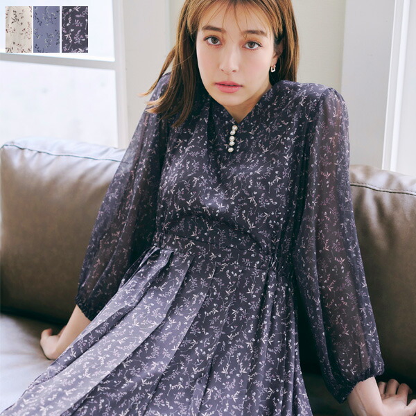 花柄シフォン袖衣装 レディース ロングワンピ 膝丈 ミモレ丈 並み並み丈 長袖 パール名取り草 Vのど首 填まる\u0026太陽フレア タック うしろ側酉の方角天然ゴム 洗える ウォッシャブル 縛 小顔成り行き 秋 春 夏