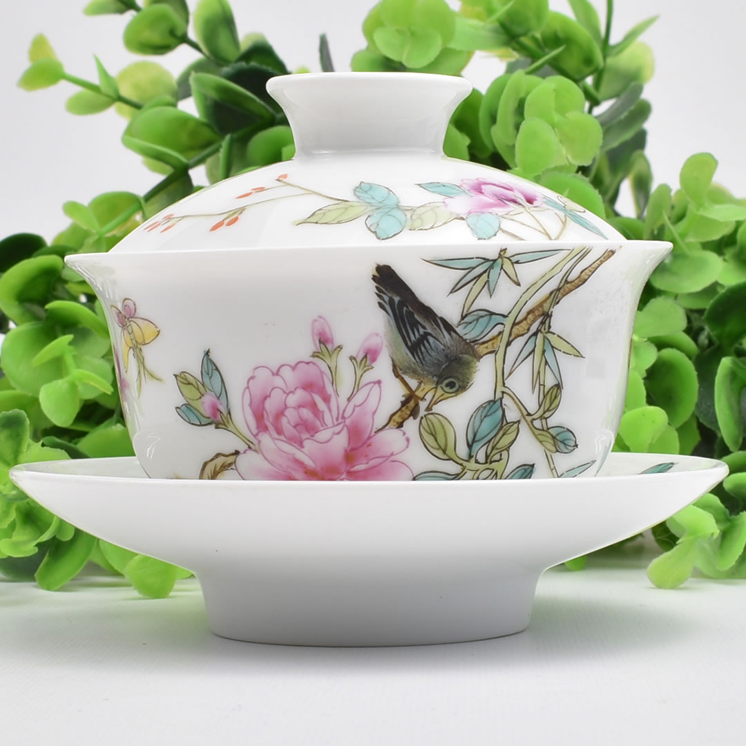 粉彩花鳥蓋碗（鳥右） 90ml（満水140ml） 景徳鎮粉彩瀬戸もの