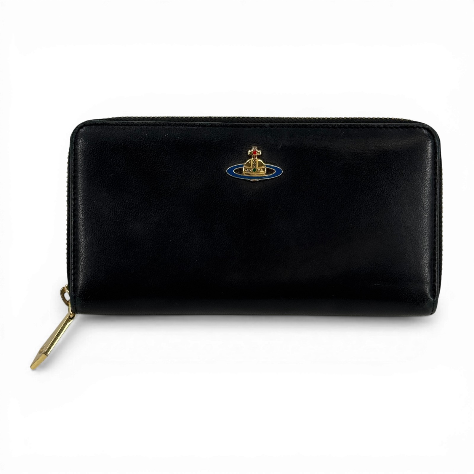 【中古】Vivienne Westwood ブラック レザー ラウンド ジッピーウォレット