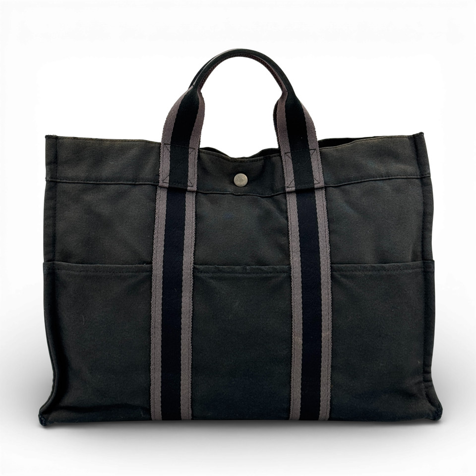 【中古】HERMES グレー キャンバス ニューフールトゥMM ハンドバッグ