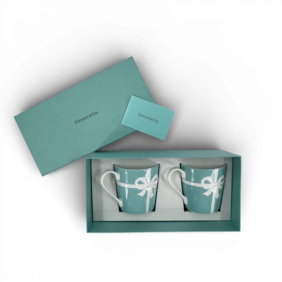 【中古】美品 TIFFANY アベニュー ブルー リボン マグセット 2個セット 箱付き